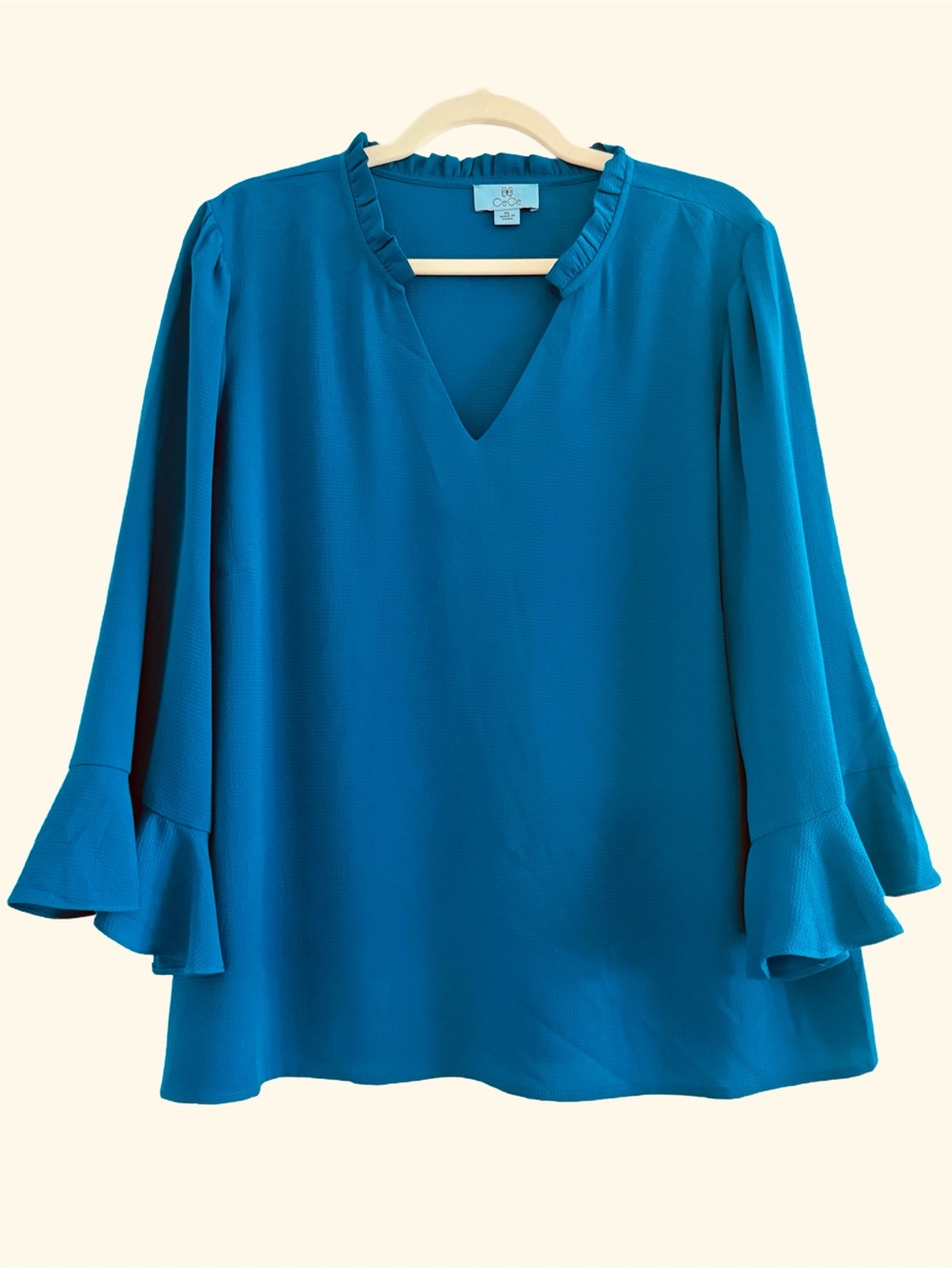 CeCe Blue Teal Ruffle V-Neck Bell Sleeve Blouse